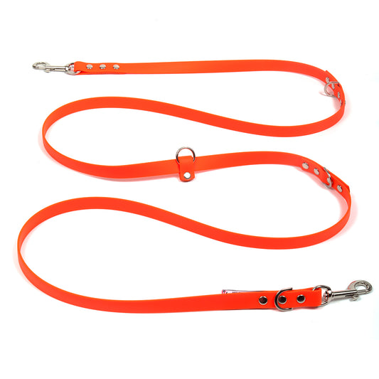 Biothane waterproof vegan leather hands-free dog lead in bright orange skinny width