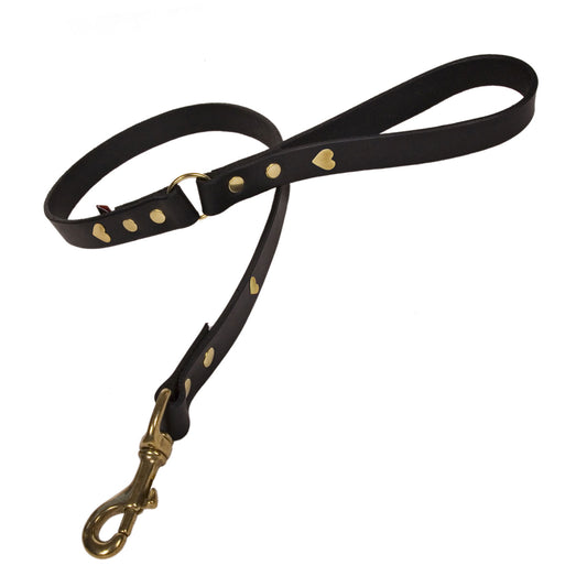 Brass Heart Black Leather Dog Lead