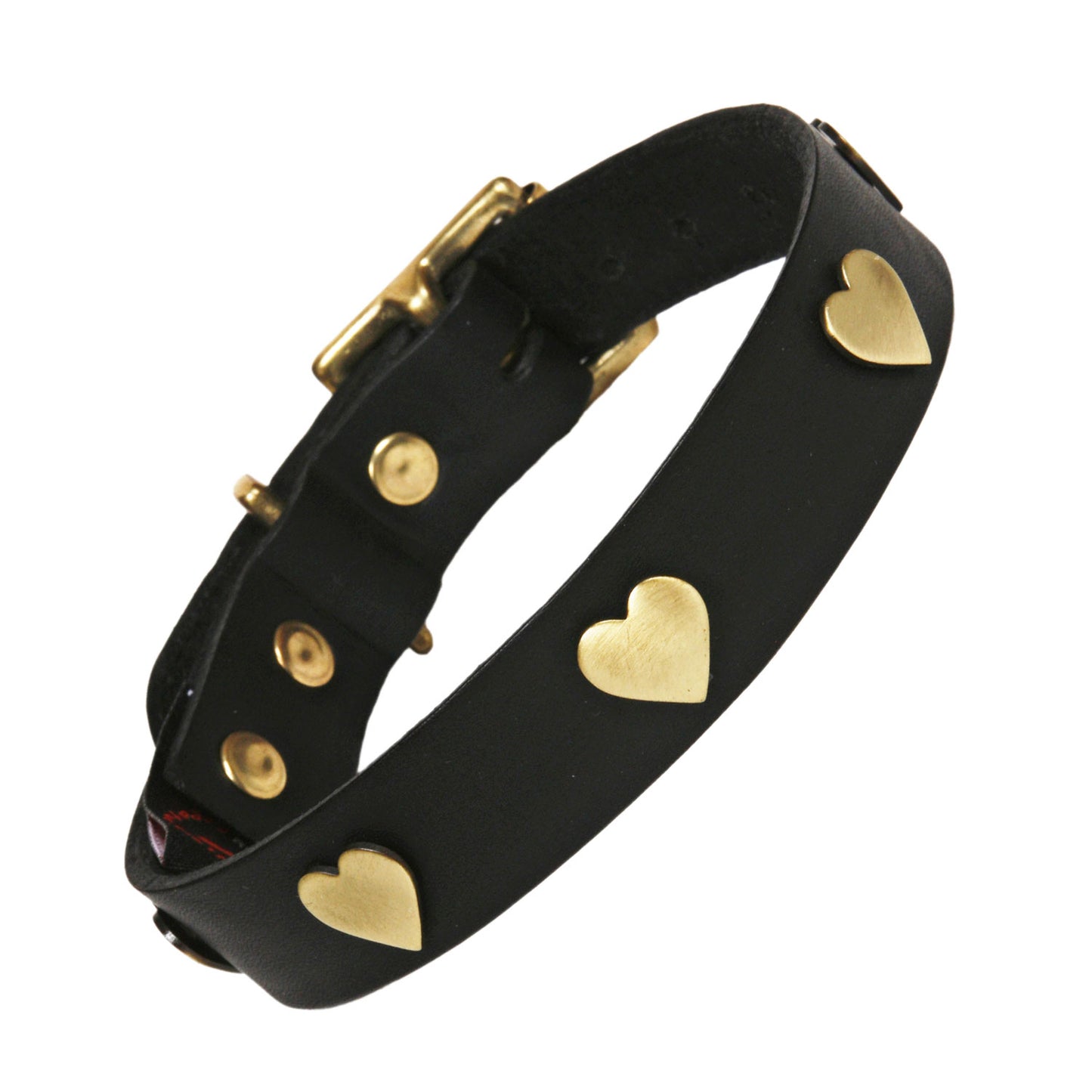 Black leather dog collar with brass heart studs and brass closure, Creature Clothes