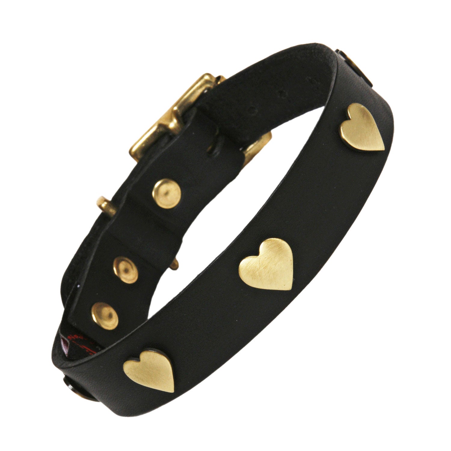 Black leather dog collar with brass heart studs and brass closure, Creature Clothes