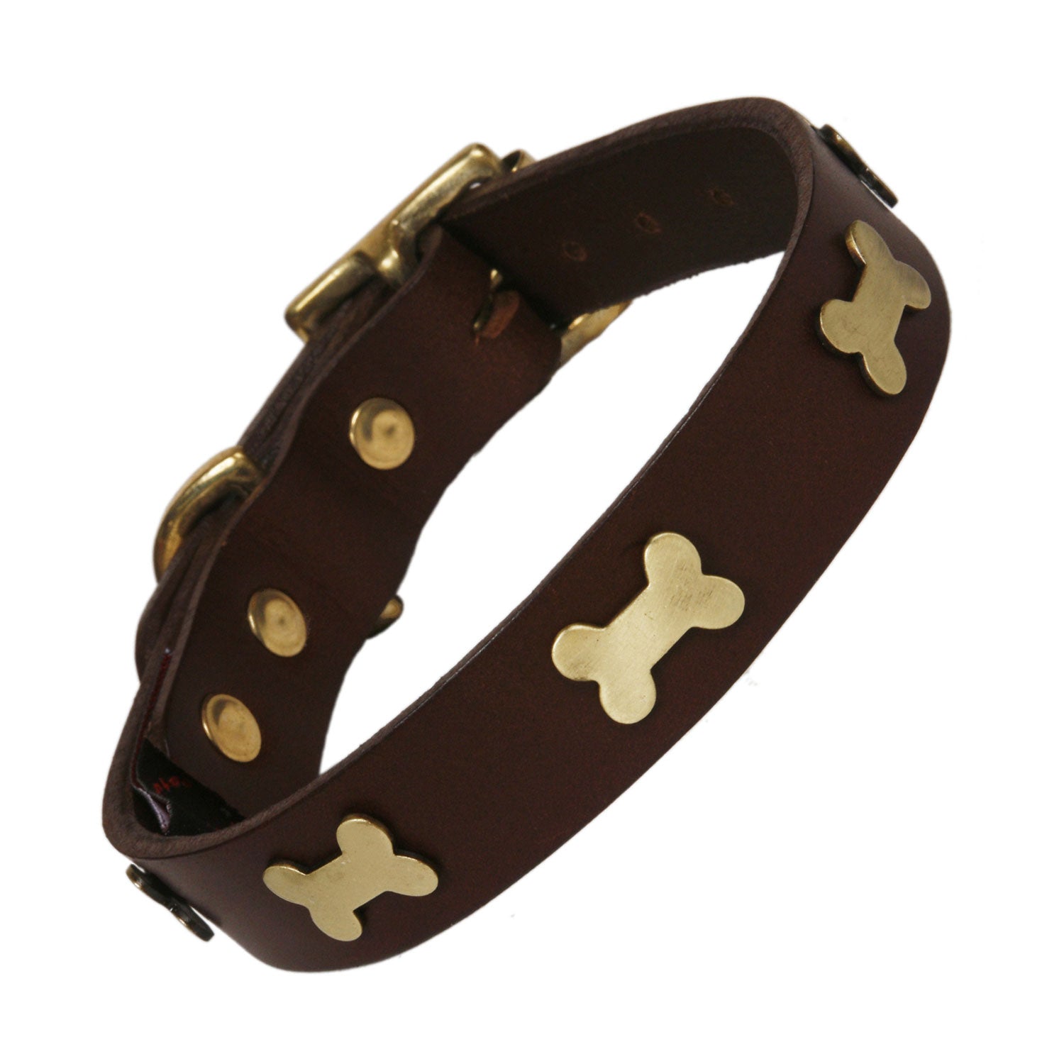 Brass Bones Chocolate Brown Leather Dog Collar, Creature Clothes