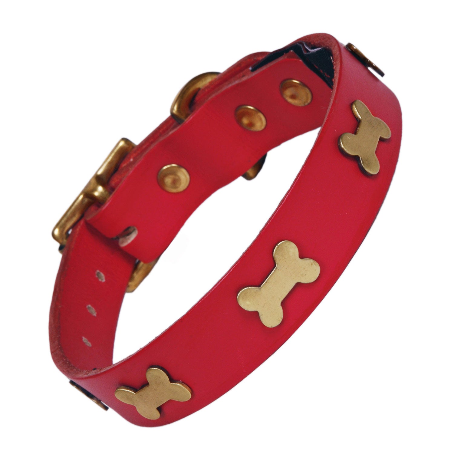 Brass Bones Red Leather Dog Collar, Creature Clothes