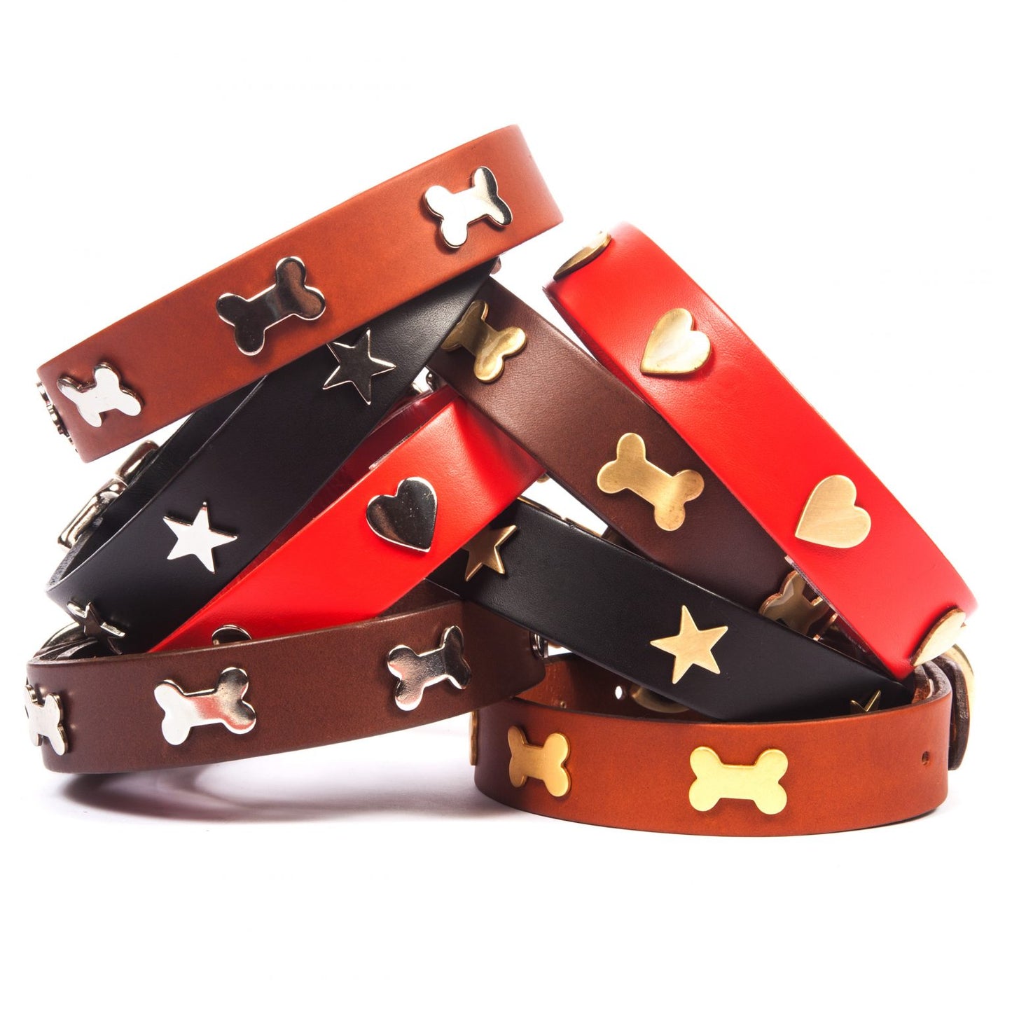 Multicoloured dog collars with brass and silver studs, Creature Clothes