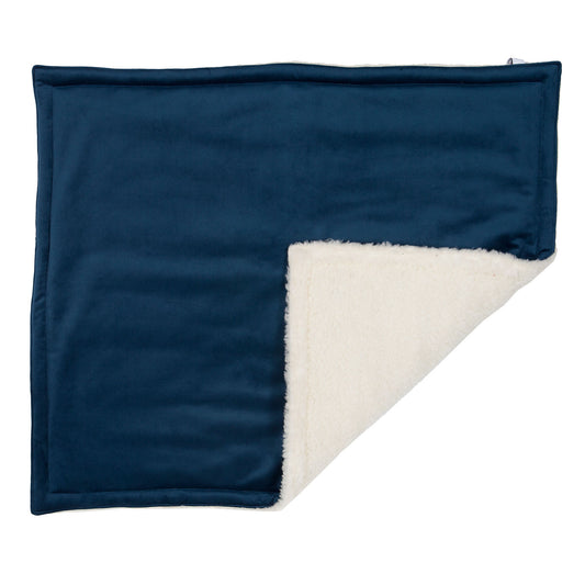 Padded navy blue dog blanket in navy velvet and sherpa, Creature Clothes