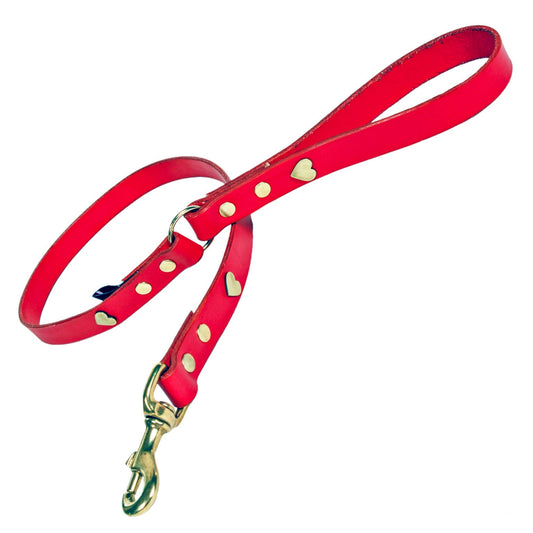 Brass Heart Red Leather Dog Lead