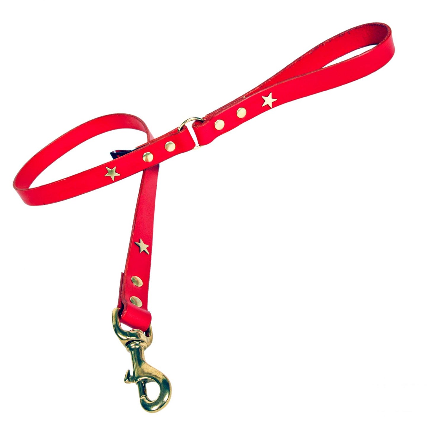 Brass Star Red Leather Dog Lead