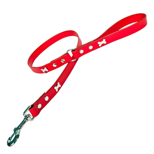 Silver Bone Red Leather Dog Lead