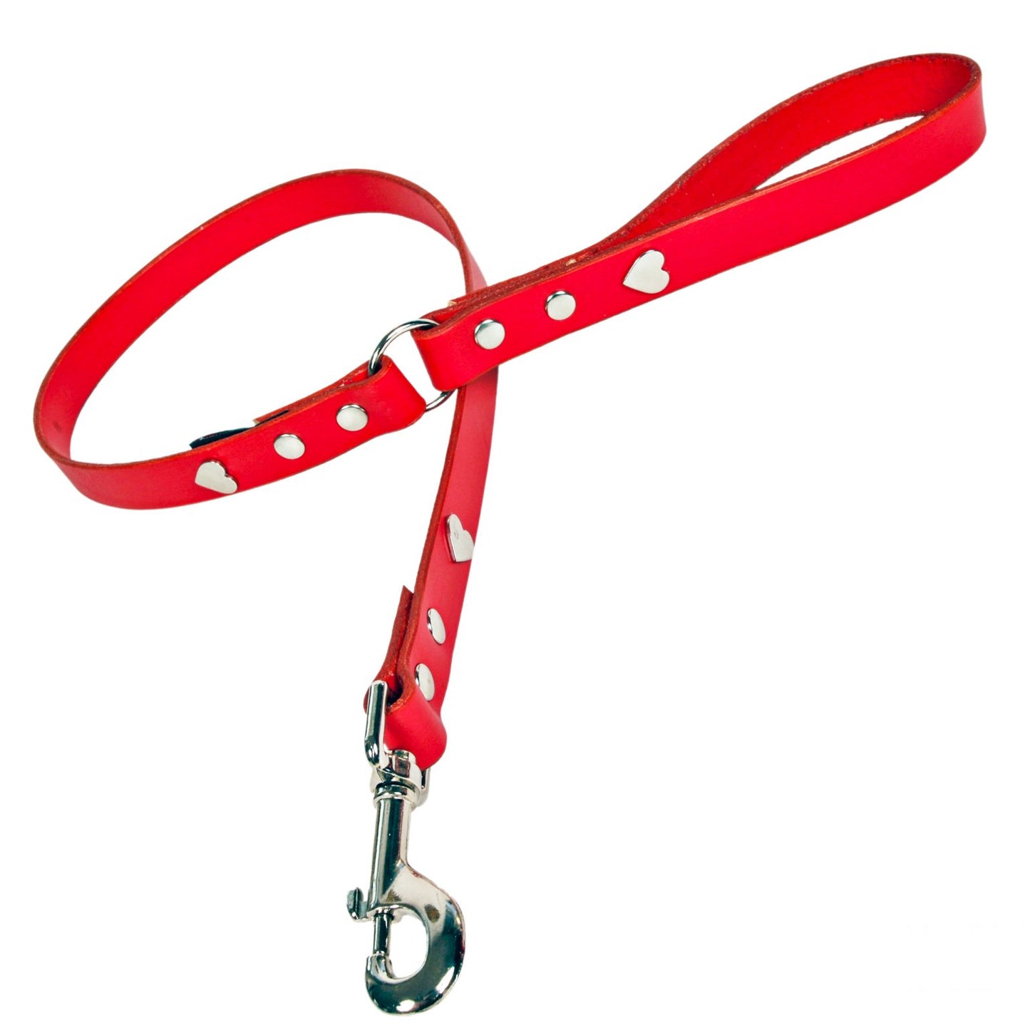 Silver Heart Red Leather Dog Lead