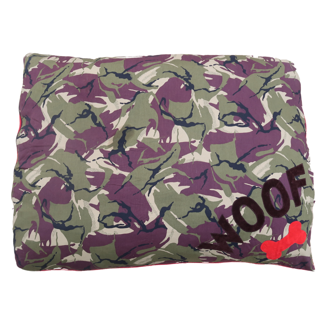 Sale - Large Size Dog Bed. Corner WOOF in heavy camo cotton