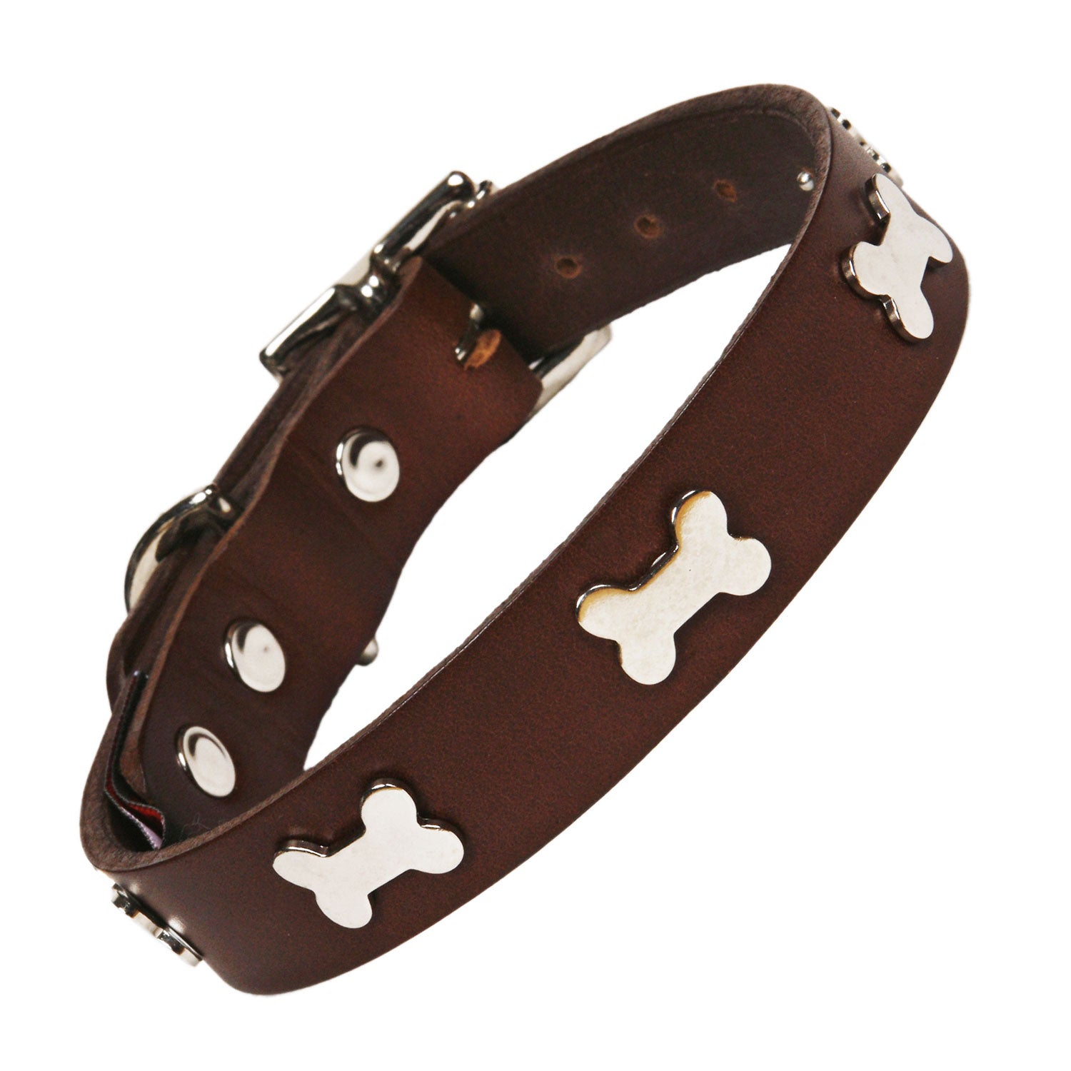 Silver Bones Chocolate Brown Leather Dog Collar, Creature Clothes