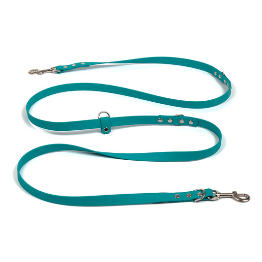 Teal Biothane hands-free dog lead in waterproof vegan leather skinny width, Creature Clothes