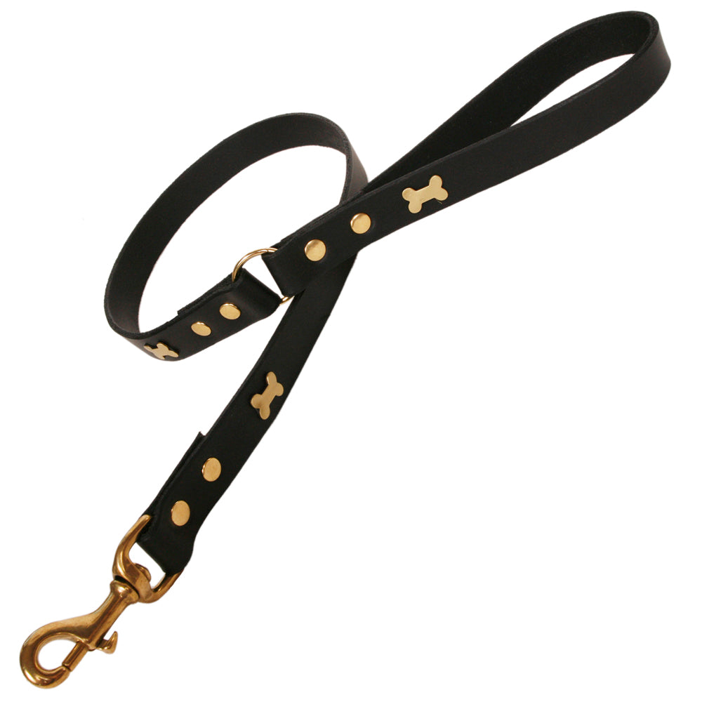 Brass Bone Black Leather Dog Lead