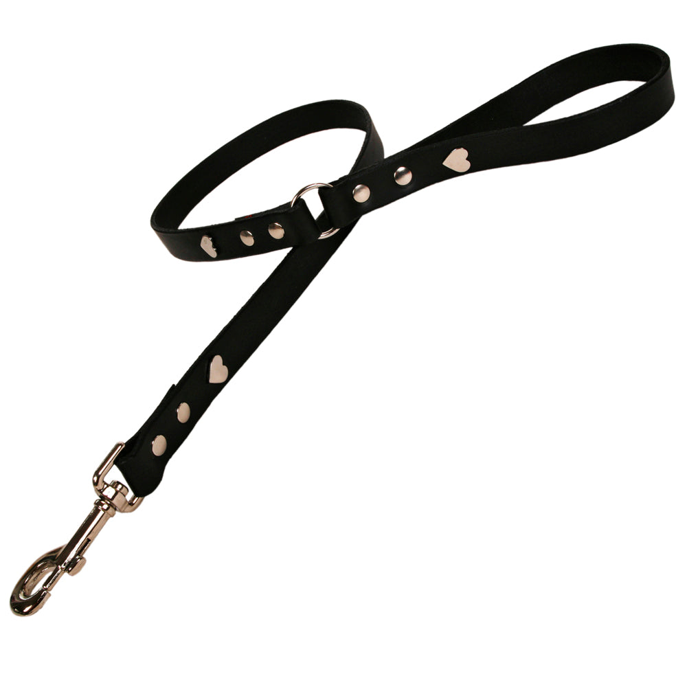 Silver Heart Black Leather Dog Lead