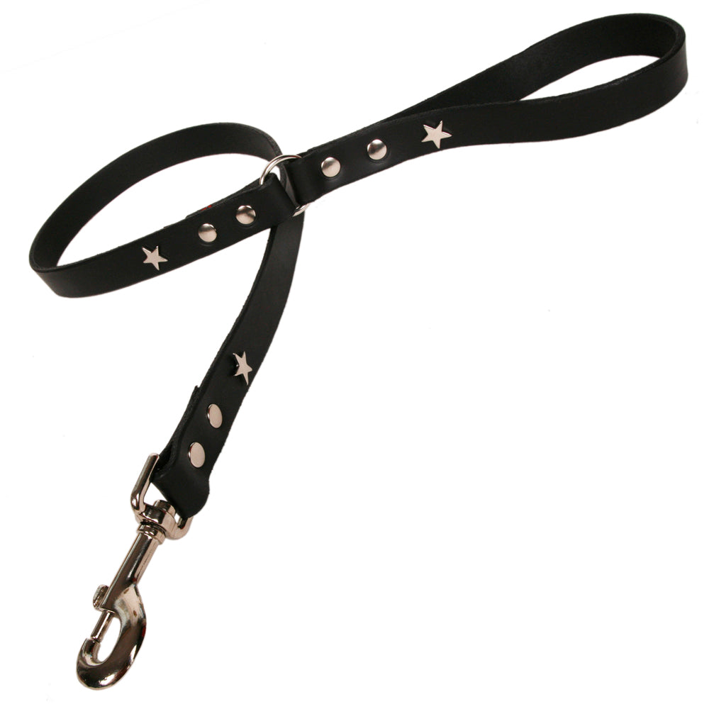 Silver Star Black Leather Dog Lead