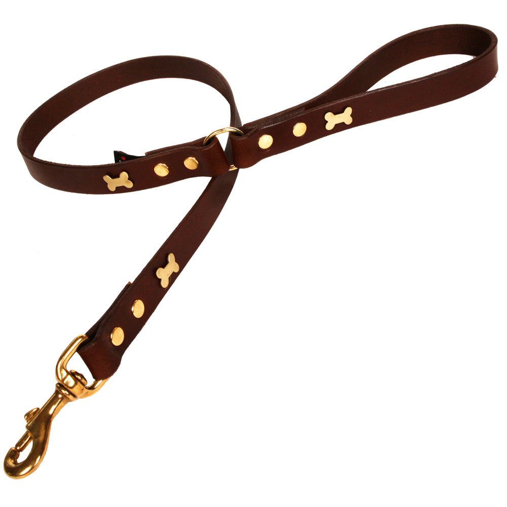 Brass Bone Chocolate Brown Leather Dog Lead