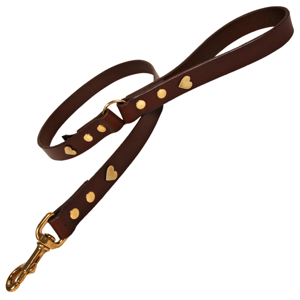 Brass Heart Chocolate Brown Leather Dog Lead