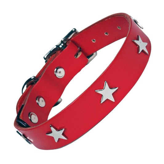 Silver Stars Red Leather Dog Collar, Creature Clothes