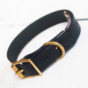 Personalised black leather dog collar embossed with your contact number